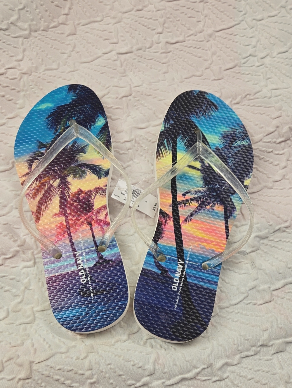 Old Navy Clear-Strap Flip Flops with Tropical Sunset Print - Blue, Pink, Yellow
